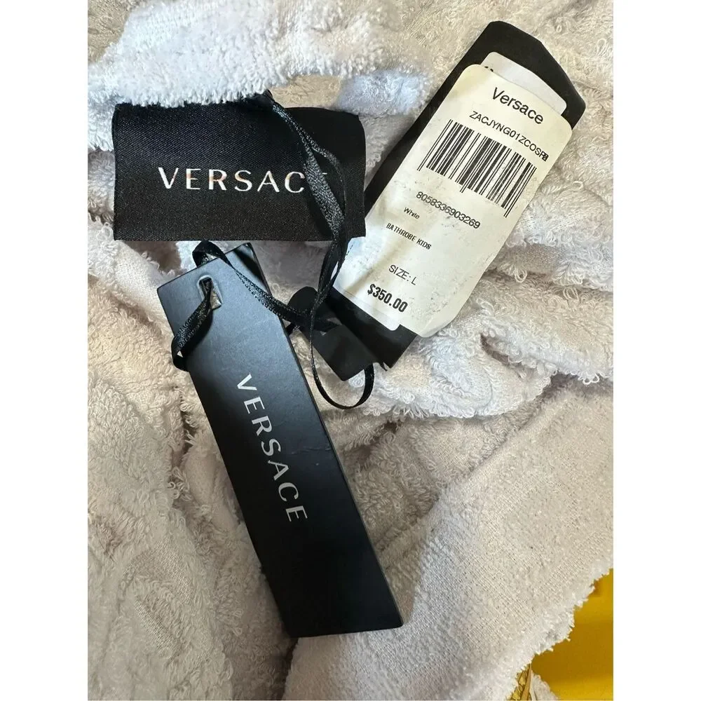 NWT Versace Kids Terry Allover Logo Long Sleeve I Heart Baroque Bathrobe White L
